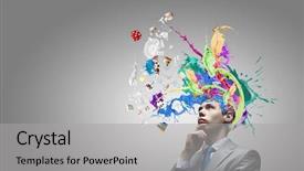  Presentation with head - Colorful presentation theme enhanced with brain - thoughtful businessman with colorful splashes backdrop and a light gray colored foreground