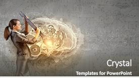  Presentation with mechanism - Presentation featuring brain - young businesswoman fixing gears mechanism background and a gray colored foreground