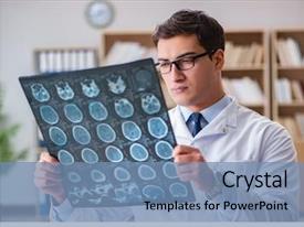  Presentation with brain - Beautiful slides featuring brain - young doctor looking at computed backdrop and a teal colored foreground