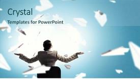  Presentation with office mix of people - Beautiful slide deck featuring brain break - businesswoman in office chair mixed backdrop and a sky blue colored foreground