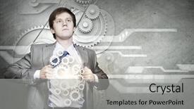  Presentation with super hero - Presentation design featuring brain break - young businessman acting like super background and a light gray colored foreground