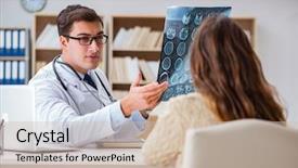  Presentation with computer tomography - Slide deck enhanced with brain cancer - young doctor looking at computer background and a soft green colored foreground