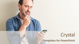  Presentation with smartphone - Colorful presentation design enhanced with brain cells - senior man using smartphone serious backdrop and a  colored foreground