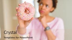  Presentation with african american woman question - Colorful PPT theme enhanced with brain chip - young african american woman eating backdrop and a  colored foreground