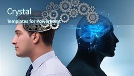  Presentation with cognitive - Colorful presentation design enhanced with brain cogs - cognitive computing concept as future backdrop and a ocean colored foreground