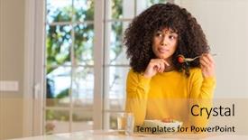  Presentation with african american woman question - Colorful slide deck enhanced with brain food - african american woman eating pasta backdrop and a yellow colored foreground
