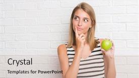  Presentation with white brick wall - Slides enhanced with brain food - beautiful young woman over white background and a soft green colored foreground