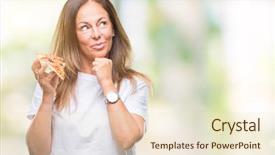  Presentation with questions question marks idea - Slide set having brain food - middle age hispanic woman eating background and a cream colored foreground