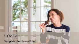  Presentation with middle ages - Theme enhanced with brain food - middle aged woman eating chocolate background and a  colored foreground