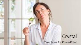  Presentation with eating - Audience pleasing PPT theme consisting of brain food - middle aged woman eating fresh backdrop and a lemonade colored foreground