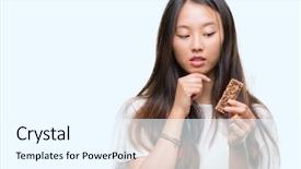  Presentation with bar pieces dark chocolate - Presentation having brain food - young asian woman eating chocolate background and a cool aqua colored foreground