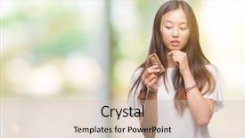  Presentation with snicker chocolate bar - Audience pleasing slides consisting of brain food - young asian woman eating chocolate backdrop and a soft green colored foreground