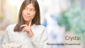  Presentation with popcorn kernel - Cool new PPT theme with brain food - young asian woman eating popcorn backdrop and a  colored foreground