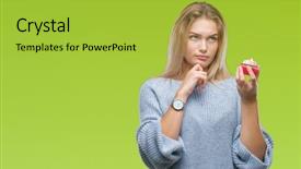  Presentation with sweet clover - Beautiful slide deck featuring brain food - young caucasian woman eating sweet backdrop and a  colored foreground