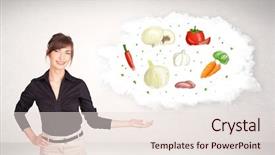  Presentation with cloud - PPT theme enhanced with brain food - young girl presenting nutritional cloud background and a lemonade colored foreground