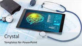  Presentation with medical devices - Amazing presentation theme having brain functionality report with medical backdrop and a light blue colored foreground
