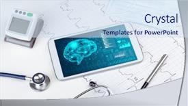  Presentation with medical devices - Amazing theme having brain functionality report with medical backdrop and a sky blue colored foreground