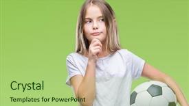  Presentation with happy young student girl holding - Beautiful theme featuring ball over isolated background serious backdrop and a mint green colored foreground