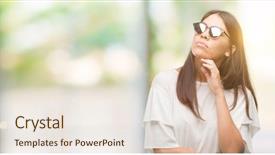  Presentation with questions question marks idea - Presentation having brain green background - young beautiful hispanic wearing sunglasses background and a  colored foreground