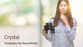  Presentation with questions question marks idea - Colorful presentation enhanced with brain green background - young hispanic woman holding binoculars backdrop and a  colored foreground