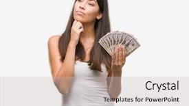  Presentation with idea - Colorful presentation enhanced with brain green background - young hispanic woman holding dollars backdrop and a soft green colored foreground