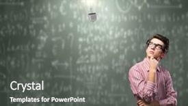  Presentation with chalkboard - Colorful slide set enhanced with brain light bulb - young thoughtful man in casual backdrop and a dark gray colored foreground