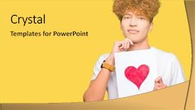  Presentation with cutout paper people standing around globe holding hands - Colorful presentation design enhanced with brain love - young handsome man holding paper backdrop and a yellow colored foreground