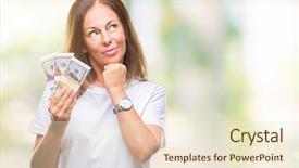  Presentation with questions question marks idea - Audience pleasing theme consisting of brain money - middle age hispanic woman holding backdrop and a cream colored foreground