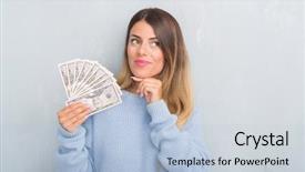  Presentation with grey - Presentation theme having brain money - young adult woman over grey background and a lemonade colored foreground