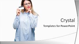  Presentation with young business woman smile show - PPT layouts featuring brain money - young beautiful business woman holding background and a white colored foreground