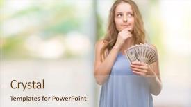  Presentation with blonde holding magnifying glass - Theme featuring brain money - young blonde woman holding dollars background and a  colored foreground