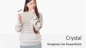  Presentation with credit card - Amazing slide deck having brain money - young chinese woman over isolated backdrop and a white colored foreground