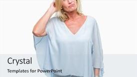  Presentation with question - Beautiful slide deck featuring brain old people - middle age blonde business woman backdrop and a  colored foreground