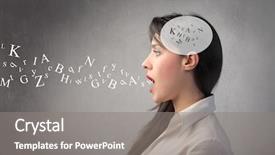  Presentation with people talking - Theme having brain people - woman talking with alphabet letters background and a gray colored foreground