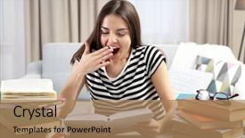  Presentation with tired - Slide deck having brain reading - young tired woman with books background and a coral colored foreground