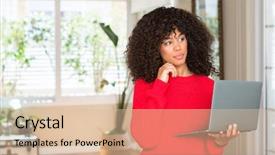  Presentation with african american woman question - Beautiful PPT theme featuring african american woman standing using computer laptop at home serious face thinking about question very confused idea backdrop and a lemonade colored foreground