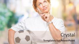  Presentation with idea light ball - PPT theme enhanced with brain sports - atrractive senior caucasian redhead woman background and a  colored foreground