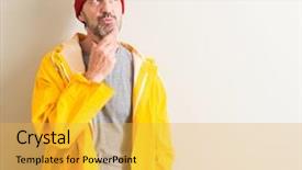  Presentation with questions question marks idea - Presentation theme enhanced with brain sports - senior fisherman serious face thinking background and a yellow colored foreground