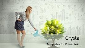  Presentation with pouring water - Colorful presentation theme enhanced with brain trees - business woman pouring water backdrop and a soft green colored foreground