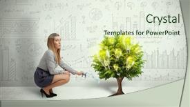  Presentation with pouring water - Beautiful theme featuring brain trees - business woman pouring water backdrop and a sky blue colored foreground