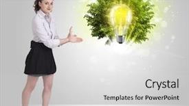  Presentation with alternative energy idea light bulb - Slide set having brain trees - young girl presenting idea light background and a light gray colored foreground