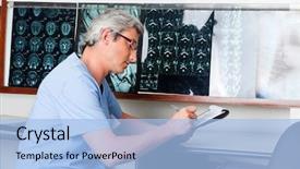  Presentation with mri brain - PPT layouts with brain tumor - mature male doctor at desk background and a light blue colored foreground