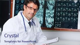  Presentation with radiologist - Colorful slides enhanced with brain tumor - portrait of mixed race male backdrop and a sky blue colored foreground