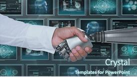  Presentation with medical robot - PPT theme with brain waves - 3d robot hand and person background and a ocean colored foreground