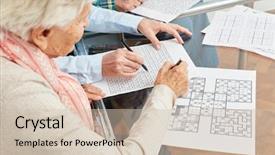  Presentation with memory - Slide deck having brainpuzzles - old woman solves sudoku puzzles background and a soft green colored foreground