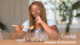  Presentation with generational african american culture and food - Slide set enhanced with brains fish - african american woman eating sushi background and a  colored foreground