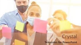  Presentation with face masks - Presentation design featuring brainstorming-business-meeting background and a coral colored foreground