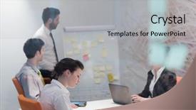  Presentation with staff meeting - Cool new PPT theme with people group brainstorming on meeting backdrop and a light gray colored foreground