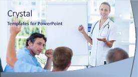  Presentation with multiracial team of young doctors stacking hands - Colorful presentation design enhanced with brainstorming session in the meeting backdrop and a  colored foreground