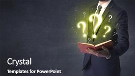  Presentation with swot analysis question mark word - PPT theme consisting of brainwashing - businessman holding a book background and a dark gray colored foreground